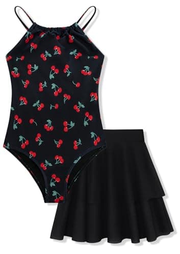 Seanrui Girls Kids Swimsuit One Piece Tankini Swimsuits Bathing Suit Swimwear Size 6 with Skirt Black Cherry