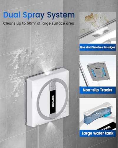 COTIAR Window Cleaning Robot, Automatic Window Cleaner with Remote Control, 6 Cleaning Modes, Edge Detection, Anti-Fall Safety System, for High-Rise Windows, Glass Doors, Mirrors, Tiles (White) - Thumbnail 3