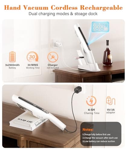 CUIOFREE Handheld Vacuum Cordless,24KPA High Power Car Vacuum with Brushless Motor,LED Light,Charging Dock,Rechargeable Hand Held Vacuum Cleaner with Reusable Filter for Car,Home,Office,Pet Pair,White - Thumbnail 4