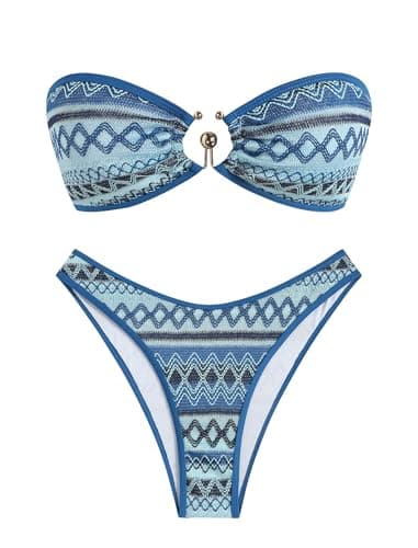 ZAFUL Crochet Bikini Sets for Women Bandeau Top Back Tie Color Block Cheeky Bathing Suits Womens Beach Holiday (Boho Geo Blue S) - Image 1