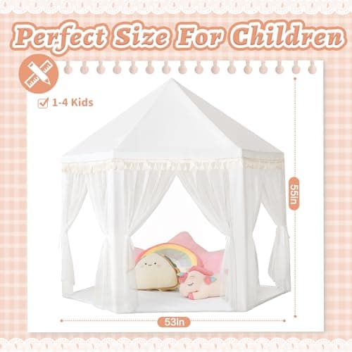 Monobeach White Princess Tent Girls Tassel Decor Large Playhouse Kids Castle Play Tent with Star Lights Toy for Children Indoor and Outdoor Games, 55'' x 53'' (White Princess Tent with Tassel) - Thumbnail 3
