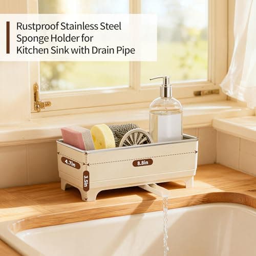 Sponge Holder for Kitchen Sink – Rustproof Stainless Steel, 360° Rotating Drain Pipe, Large Counter Organizer with Drip Tray for Sponges, Brushes & Dish Cloths Off-white - Thumbnail 2