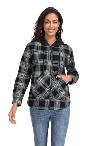 Lepunuo Women's Plaid Jacket Long Sleeve Fleece Full-Zip Hoodie Fall Fashion Warm Jackets Green Blue - Thumbnail 3