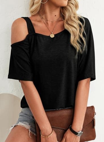 Dokotoo Black Womens Tops for Women Sexy Cute Off The Shoulder Top Cold Short Sleeve Shirts Summer Fashion 2026 Trendy Blouses Dressy Casual Business Vacation Beach Cruise Outfits Clothes Tshirts - Thumbnail 2