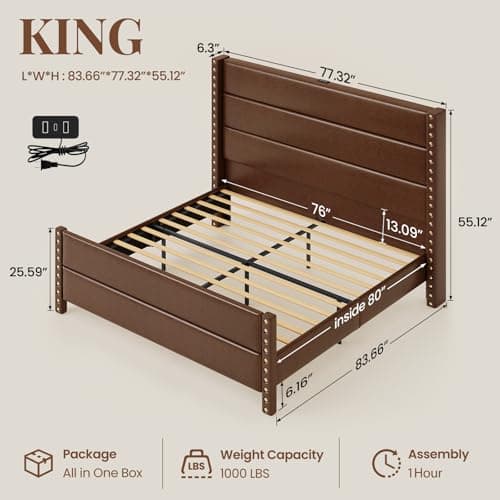 Uteeran King Size Bed Frame with Storage Shelf & Charging Station, 55" Tall Headboard & 25.6" Footboard, Faux Leather Upholstered Platform Bed with Big Rivets Wingback, Heavy Duty & Noise-Free, Brown - Thumbnail 2