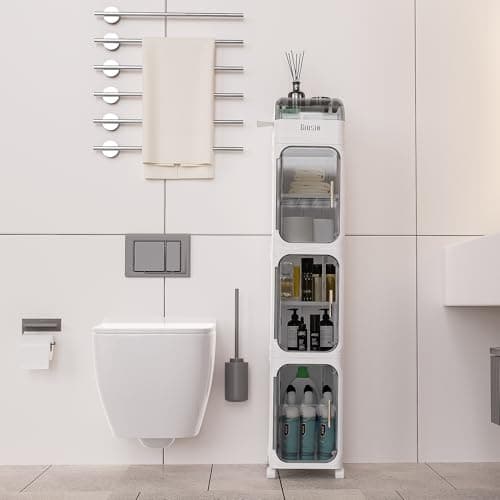 BINSIO 4-Tiers Toilet Paper Storage, Slim Bathroom Organizers and Storage, Bathroom Counter Organizer, Bathroom Organizer Storage Cabinet, Portable Laundry Room Organization, Plastic White Clear Doors - Thumbnail 4