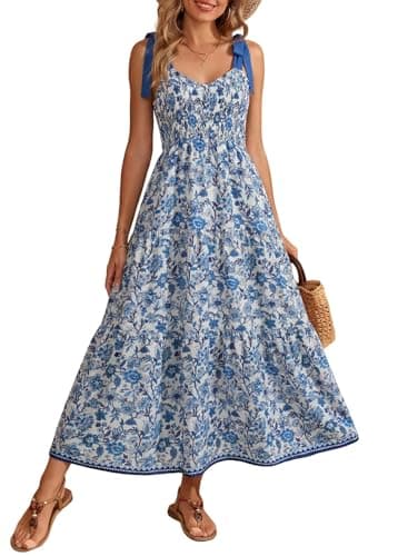 Dokotoo Women's Summer Maxi Dress Casual Boho Sleeveless 2026 Tie Strap Smocked Tiered Long Beach Sun Dresses,Blue-Floral Large - Image 1