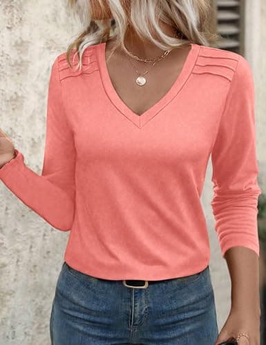 JUSTFASHIONNOW Pleated Long Sleeve Shirts for Women V Neck Dressy Casual Business Blouses Fall Tops 2025 Trendy(Coral,X-Large) - Thumbnail 3