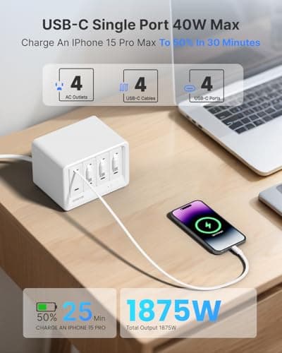 Gitryin 12-in-1 Desktop Charging Station with 4 Retractable Wall Chargers, 40W USB-C Power Strip with 4 AC, 4 USB C, 4 Type-C 33.5in Cables, Extension Cord with 1020J Surge Protection for Home Office - Thumbnail 5