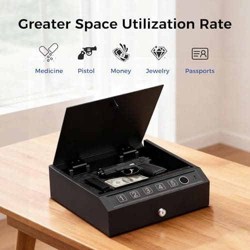Biometric Gun Safe for Pistols 3-Ways unlock Fingerprint Digital PIN Key Unlock Pistol Safe with Security Cable Gun Lock Box With Interior Light For Nightstand Car & Home Security - Thumbnail 2