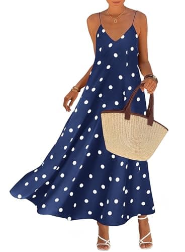 KIRUNDO Polka Dot Dress for Women Summer 2026 Sleeveless Spaghetti Strap Beach Vacation Cruise Boho Long Flowy Maxi Dresses(Navy, XX-Large) - Image 1