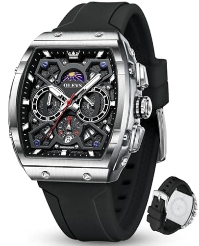 OLEVS Black Watches for Men 3ATM Waterproof Chronograph Men Watch Analog Quartz 44mm Square Watch for Men with Date Silver Bezel Silicone Strap Professional Look for Office Daily Wear - Image 1
