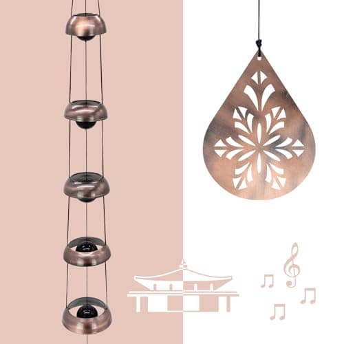 36" Copper Temple Wind Chimes with 5 Bells, Melodious Zen Feng Shui Wind Bells for Outside, Memorial Wind Chime Sympathy Gift with Unique Teardrop Floral Sail, Decorative Garden Decor for Yard Patio - Thumbnail 2