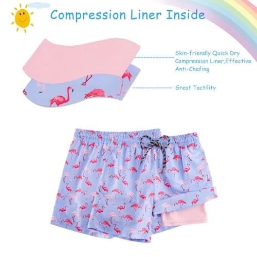 Cozople Little Boys Swim Shorts UPF50+ Swim Trunks with Boxer Brief Liner Swimwear Funny Flamingo Graphic Surf Boardshorts for Kids Stretchy Compression Bathing Suit Size 4t - Thumbnail 4