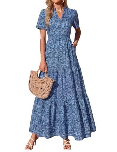 KIRUNDO Womens Floral Short Sleeve Boho Flowy Smocked A Line Maxi Dress(Navy Floral, Small) - Image 1