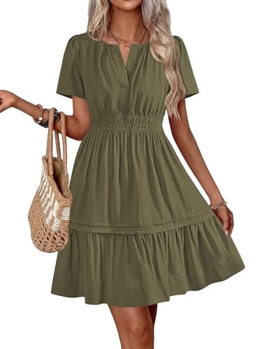BTFBM Summer Dresses for Women 2026 Casual Boho Sundress Short Sleeve V Neck Ruffle A Line Beach Vacation Mini Dress(Army Green, X-Large) - Image 1