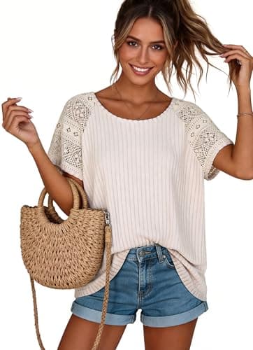 Pleneal Women's Short Sleeve Shirts Womens Summer Lace Tops Round Neck Dressy 2026 Spring Trendy Casual Business Clothes Apricot - Thumbnail 5
