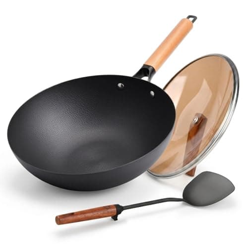 WANGYUANJI 12.6" Carbon Steel Wok with Lid, Flat Bottom Wok Pan for Induction and Gas Stoves, Heavy Duty Unseasoned Asian Stir Fry Pan with Detachable Wooden Handle - Image 1