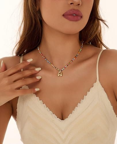 A ALARTAN Initial Necklace for Women Cute Colorful Beaded Charm Necklaces Bohemian Colorful Letter Necklaces Personalized Bubble Necklace Trendy Choker for Women Jewelry Gift（Letter A - Thumbnail 2