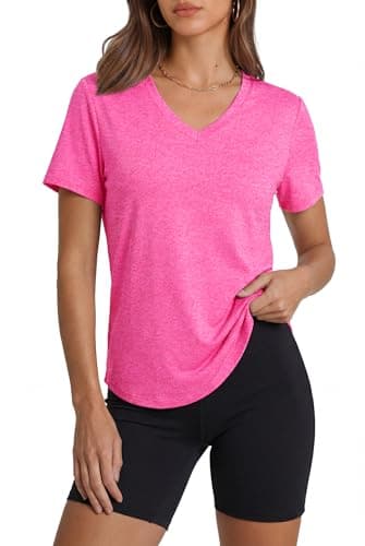 Alaroo Womens Workout Tops Short Sleeve V-Neck T Shirts Sun Protection Pilates Outfits Athletic Tops for Running Gym Tee Pink 2XL - Image 1
