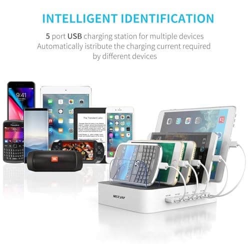 MSTJRY Charging Station for Multiple Devices : 5 Port Multi USB-A Charger Stations Multi-Device Organizer Charging Dock Designed for iPhone iPad Cell Phone Tablets (7 Short Cables Included) - Thumbnail 4