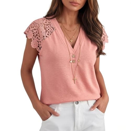 Angashion Womens Tops Lace Short Sleeve Casual V Neck Tunic with Button Summer Elegant Business Work Blouse Terra Cotta Small - Thumbnail 5