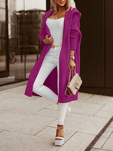 Aoysky Womens Long Cardigans Cable Knitted Open Front Oversized Hooded Outerwear Sweater Coat Purple - Thumbnail 4