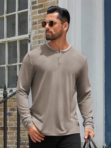 Hardaddy Men's Long Sleeve Henley Shirts Casual Color Block Henley Button T-Shirt Tops Light Khaki M - Thumbnail 2