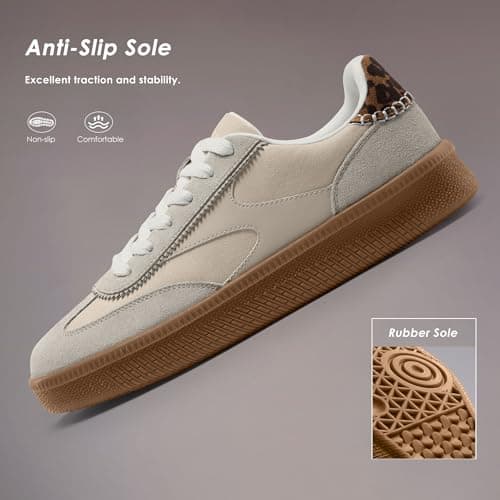 Vilanva Women's Fashion Sneakers Casual Tennis Shoes with Genuine Suede Classic Retro Gum Sole Walking Trendy Footwear Beige Multi - Thumbnail 6