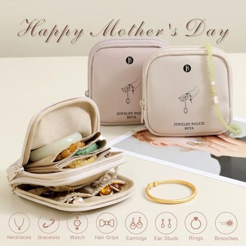 tianzong Small Travel Jewelry Case, Gift for Women, Tangle-Free Jewelry Pouch Bag with Gift Box, Waterproof PU Jewelry Organizer for Valuables (Beige, Double Zipper) - Thumbnail 2