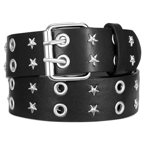 SANSTHS Women Double Grommet Studded Belts, Black Leather Belt for Women Men Punk belt,Star,L - Image 1