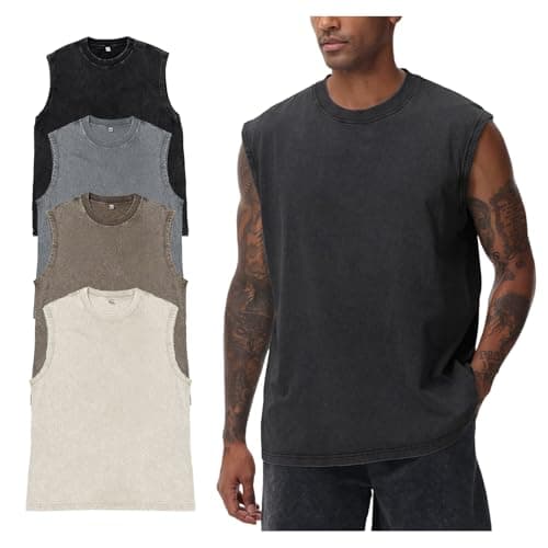 Yimoon Sleeveless Shirts for Men Workout Tank Tops Cotton Acid Wash Muscle Shirts Baggy Gym Tees(BlackGreyBeigeKhaki-XL)