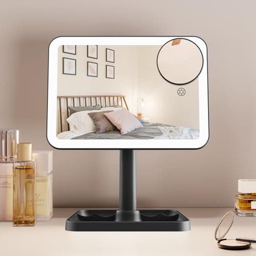 FUNTOUCH Vanity Mirror with Lights, Rechargeable 10X Magnification 3 Color Lighting Portable Tabletop Cosmetic Make Up Mirror, 360° Rotation Led Light up Mirrors with Storage,White - Image 1