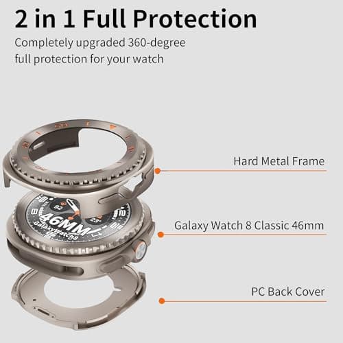 SDOCEBF for Samsung Galaxy Watch 8 Classic 46mm, Rotatable Metal Bezel Case, Slim Shockproof Bumper with Back Cover, Titanium/Orange - Thumbnail 3