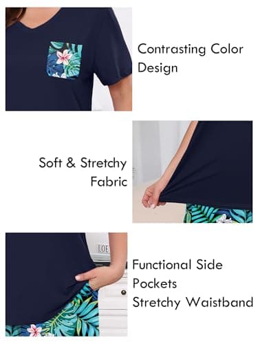 AusLook Plus Women Pajamas Set 2 Piece Lounge Sets Short Sleeve Top and Full Length Pant Chest Pocket Matching Maternity Christmas Print Black Jungle Blooms 2X Pjs Loungewear Sleepwear - Thumbnail 4