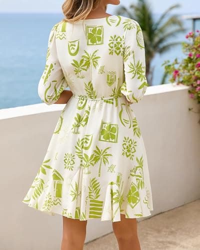 BTFBM Women Summer Spring Floral Boho Dress 2026 V Neck Short Sleeve Ruffle Beach Vacation Clothes Wedding Guest Dresses(Floral Apricot Green, Medium) - Thumbnail 3