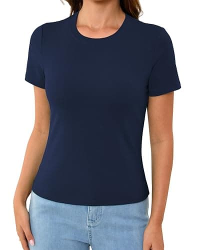 Abardsion Cotton Basic Tees for Women Spring Outfits Tops 2026 Short Sleeve Crewneck Slim Fit T Shirts (Navy Blue, L) - Image 1