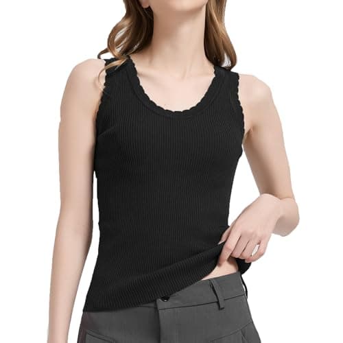 Orolay CHIIONE Black Sleeveless Tops for Womens Sleeveless Scalloped Neck Casual Basic Slimming Sweater Vest Tops - Image 1