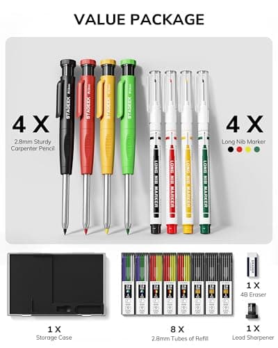 STAGEEK 4PCS Carpenter Pencils with Sharpener, Heavy Duty Woodworking Pencils, Mechanical Carpenter Pencil with 52 Refills, Deep Hole Long Nib Marker Pens for Architect Construction Marking with Case - Thumbnail 6