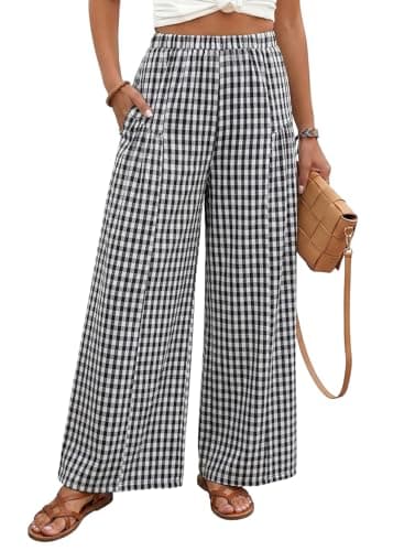 EVALESS Womens Wide Leg Pants Elastic High Waisted Flowy Cotton Plaid Gingham Palazzo Pants 2026 Work Casual Culottes Trousers Black Small - Image 1