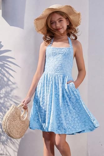 Girls Dresses Size 10-12 Tween Easter Floral Halter Tie Back Dress Teen Casual Summer Hawaiian Beach Sleeveless Short Sundresses Blue - Thumbnail 2