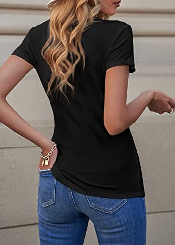 PRETTYGARDEN Women's Summer Casual Henley T-Shirts Short Sleeve V Neck Button Up Ribbed Knit Slim Fit Basic Tops(Black, Medium) - Thumbnail 3