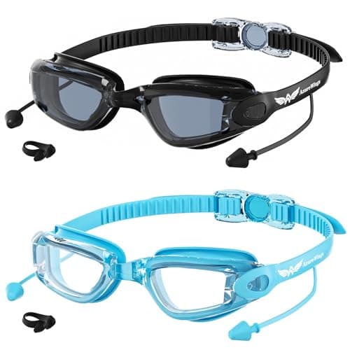 AzureWings Swim Goggles，2 Pack Swimming Goggles for Adult Men Women, No Leak Anti-Fog & UV, Wide Visio HD Mirror PC Lens (Light blue-Black)