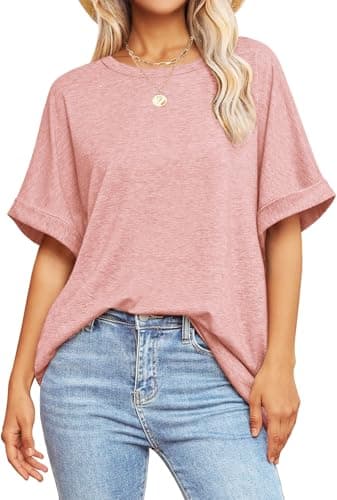 GKBK Womens Oversized T Shirts Crew Neck Short Sleeve Tops Spring Summer Business Dressy Casual Loose Fit Workout Work Basic Tee Shirt 2026 Beach Vacation Trendy Fashion Clothes Outfit Pink XL - Image 1