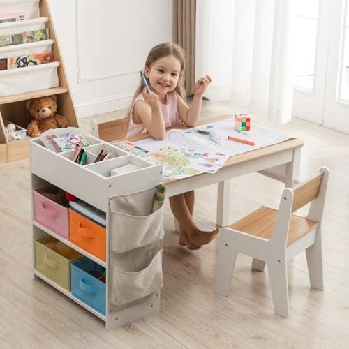IKALIFE Kids Art Table and Chair - Toddler Craft Table and Chairs Set with 2 Chair & Bins, Large Storage Kids Activity Desk with Paper Roll for Playrooms & Classroom, 40" L x 20" W, Natural - Image 1
