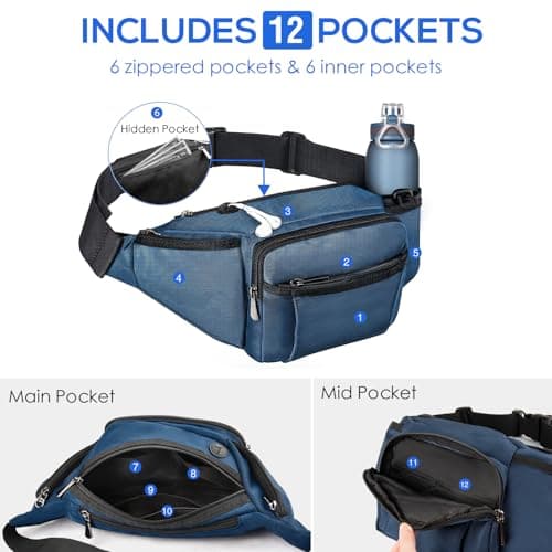 NOOLA Fanny Pack Waist Bag for Men Women, Lightweight Waist Pack with Water Bottle Holder, Adjustable Belt Bag with Multi-Pockets for Hiking, Dog Walking, Outdoor, Cycling, Running, Travel, Blue - Thumbnail 5