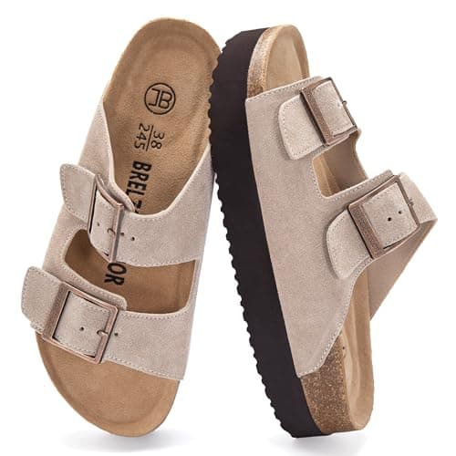 Brelzo Calvior Platform Sandals Women Suede Sandals Arch Support Summer Slides with Adjustable Buckle Open Toe, Tan, Size 9.5 - Image 1