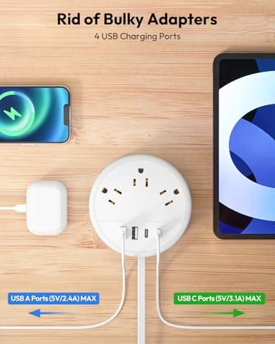 NTONPOWER Travel Power Strip, Travel Essentials, Cruise Essentials 2026 3 Outlets 4 USB Ports(2 USB C), 4FT Wrapped Around Extension Cord for Travel Cruise Ship Beach Vacation Essentials White - Thumbnail 2