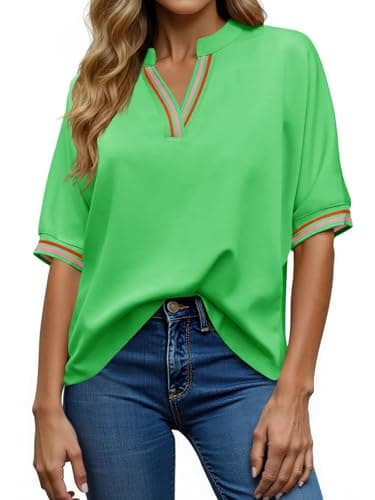 Tankaneo Womens Oversized T Shirt V Neck Half Sleeve Color Block Work Tops Casual Loose Fit Tunic Tees Green - Image 1
