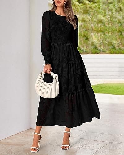 BTFBM Wedding Guest Dresses for Women Fall Fashion 2025 Casual Long Sleeve Floral Maxi Boho Homecoming Dress(Black,Large) - Thumbnail 5